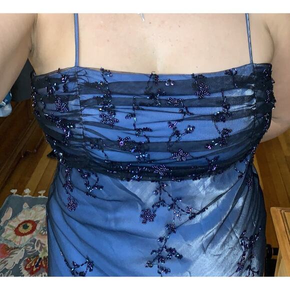 Vintage Fairy Ghotic Whimsical Prom Blue Long Dress With Black Net Medium Beaded - Picture 2 of 10